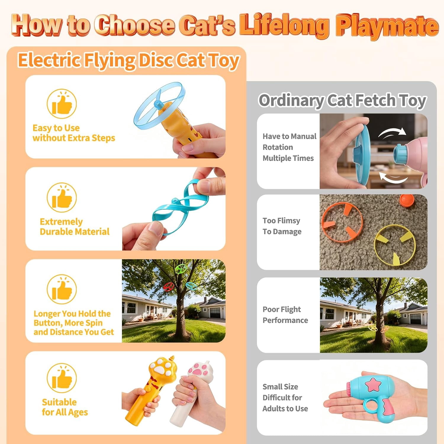 Cat Toy Disc Launcher, Rechargeable Interactive Cat Fetch Toy Launcher with 8 Flying Discs, Flying Enrichment Toys for Indoor Bored Kittens & Adult Cats (Yellow)