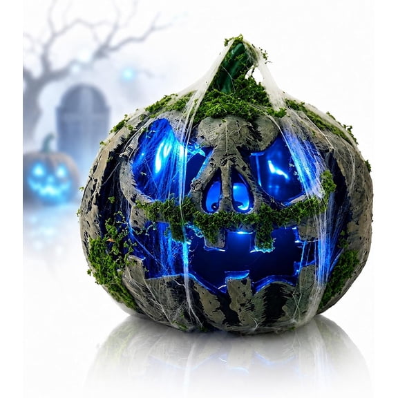 Halloween Decorations,Mossy Spider Web LED Pumpkin Light, Halloween Pumpkin Lantern Light with Blue LED Light/ Battery-Powered for Indoor/Outdoor Use
