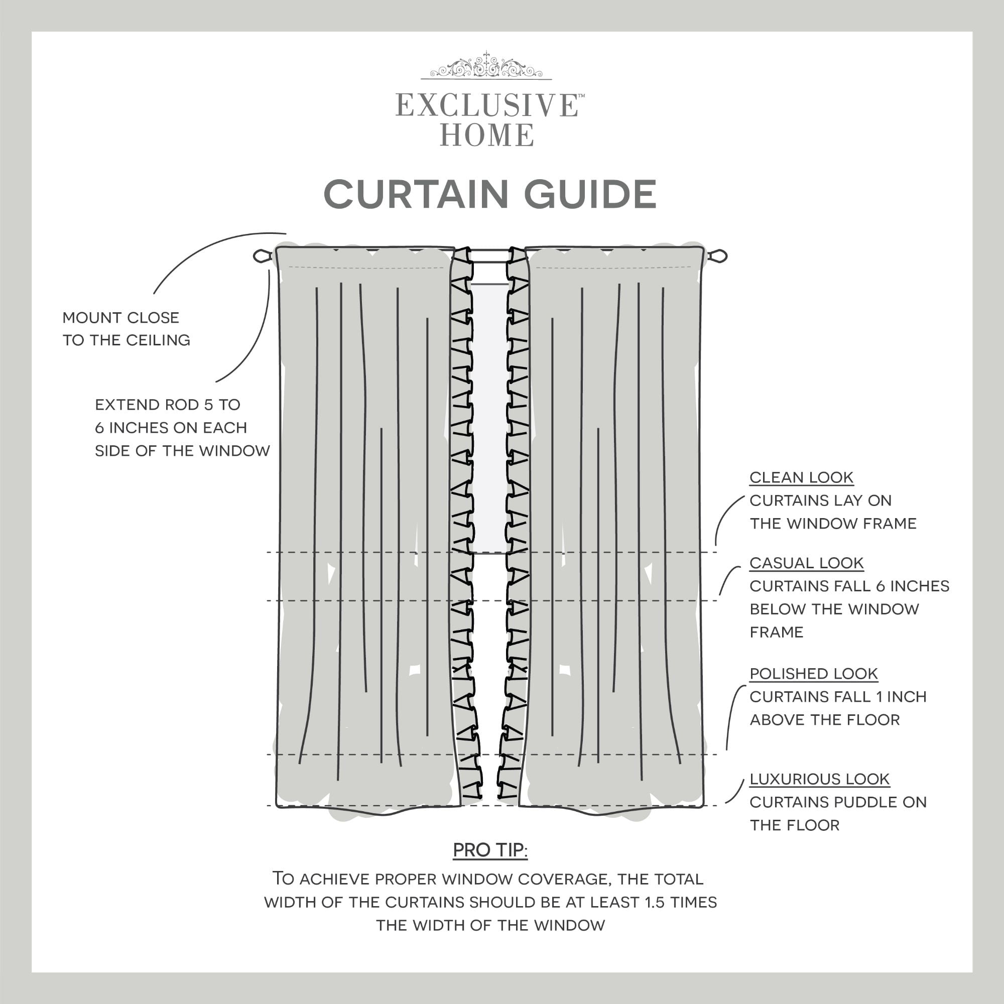 Exclusive Home Curtains Jacinta Flippable Side Ruffle Sheer Rod Pocket Curtain Panel Pair, 54" x 96", Grey, Set of 2