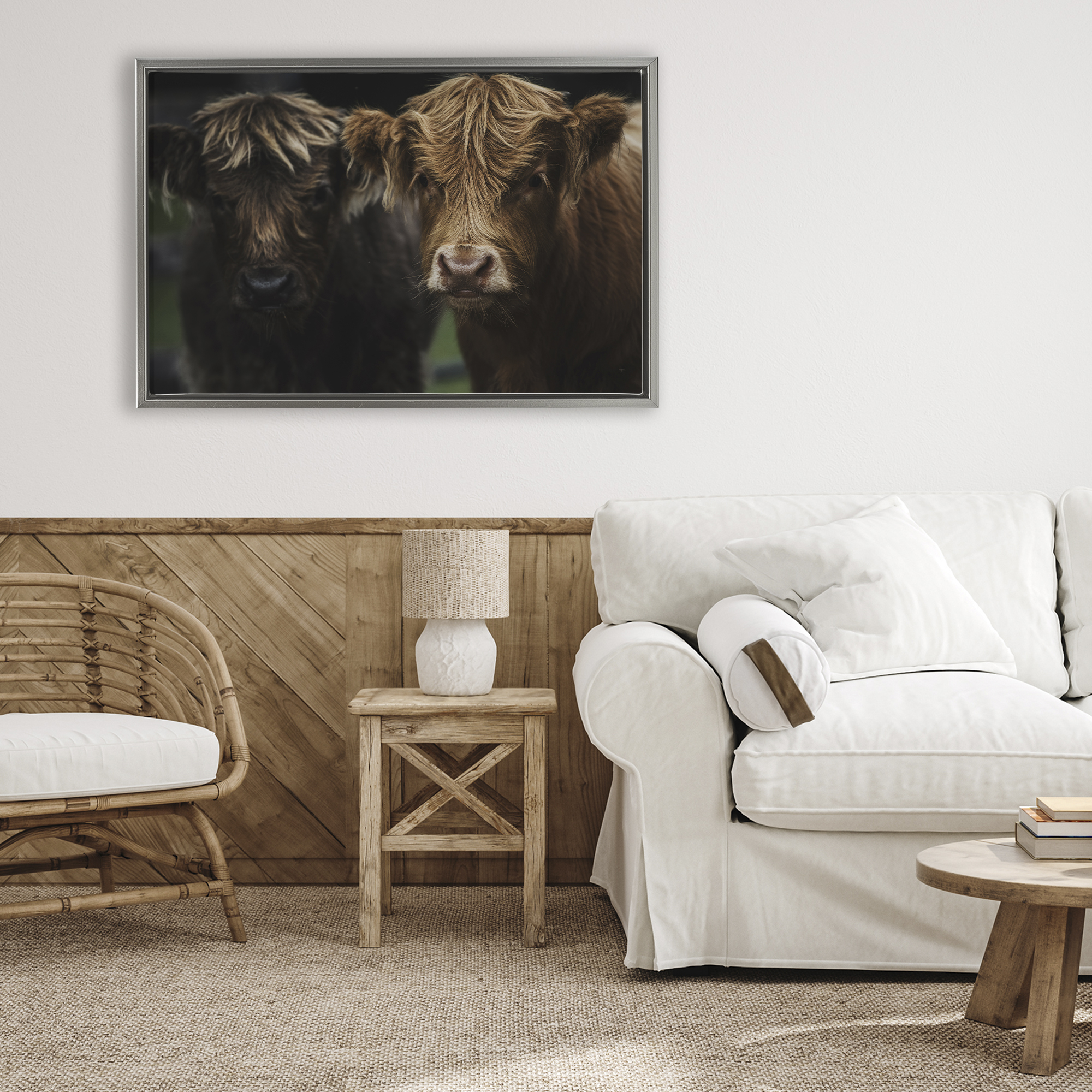 Cow Faces Highland Pair Gray Framed Floater Canvas Wall Art, design by Amy Carroll