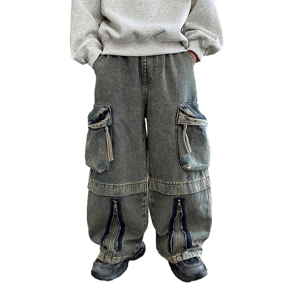 QHFBli Boys Denim Cargo Pants Kids Elastic Waist Stretch Cargo Jeans with Pockets