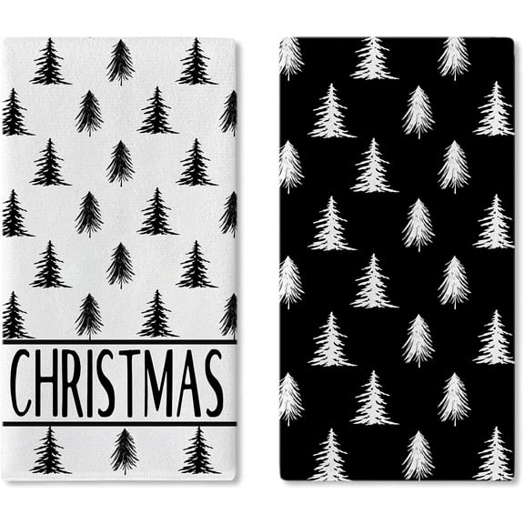 Black Christmas Tree Kitchen Dish Towels Set of 2, Xmas Pine Trees Drying Hand Towel Baking Cooking Cloth, Winter Holiday Farmhouse Bathroom Home Decoration 18 x 26 Inches