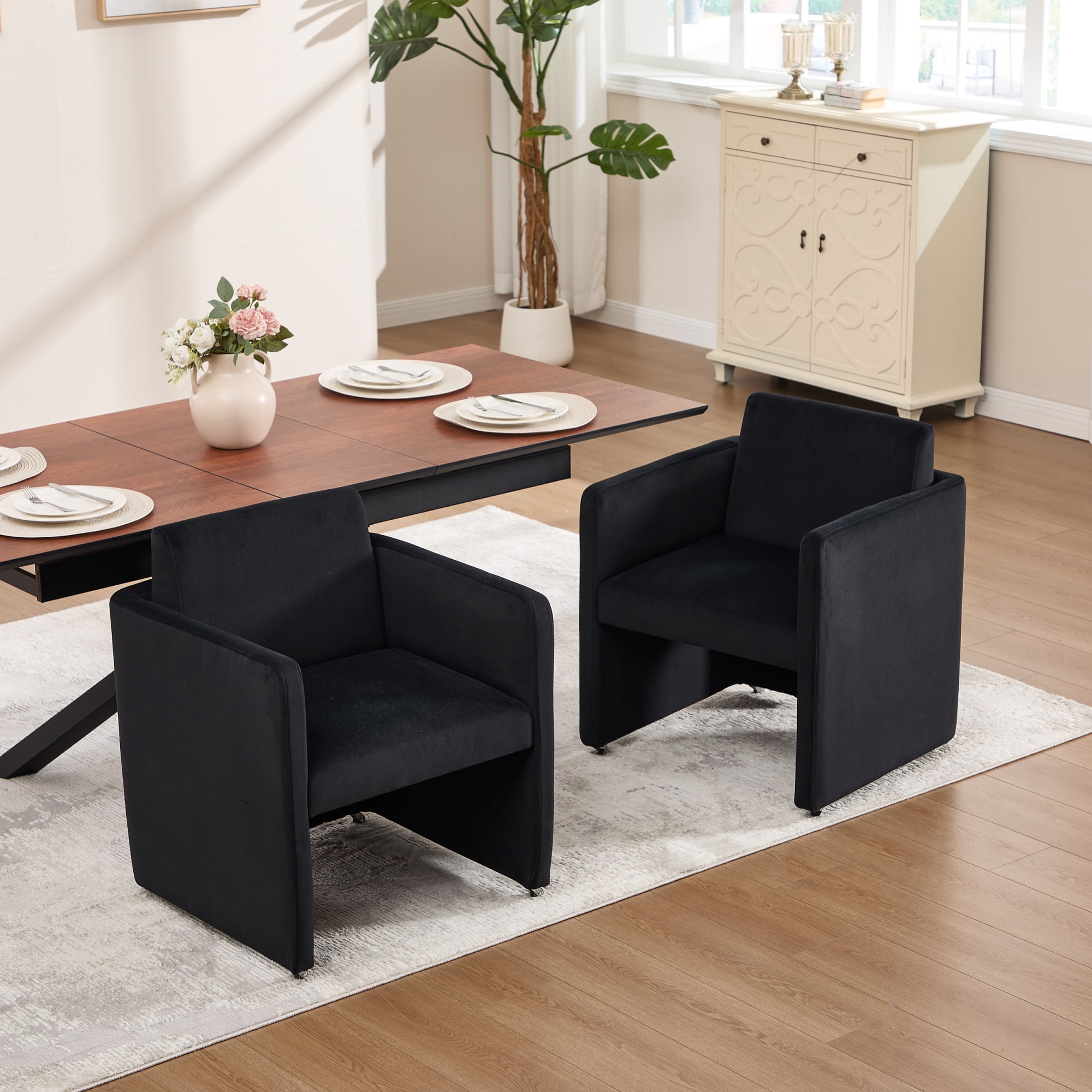Leumius Modern Barrel Dining Chair, Accent Kitchen Chair with Arms Comfy Velvet Fabric, Side Chair for Living Room Home Office Reception, Black