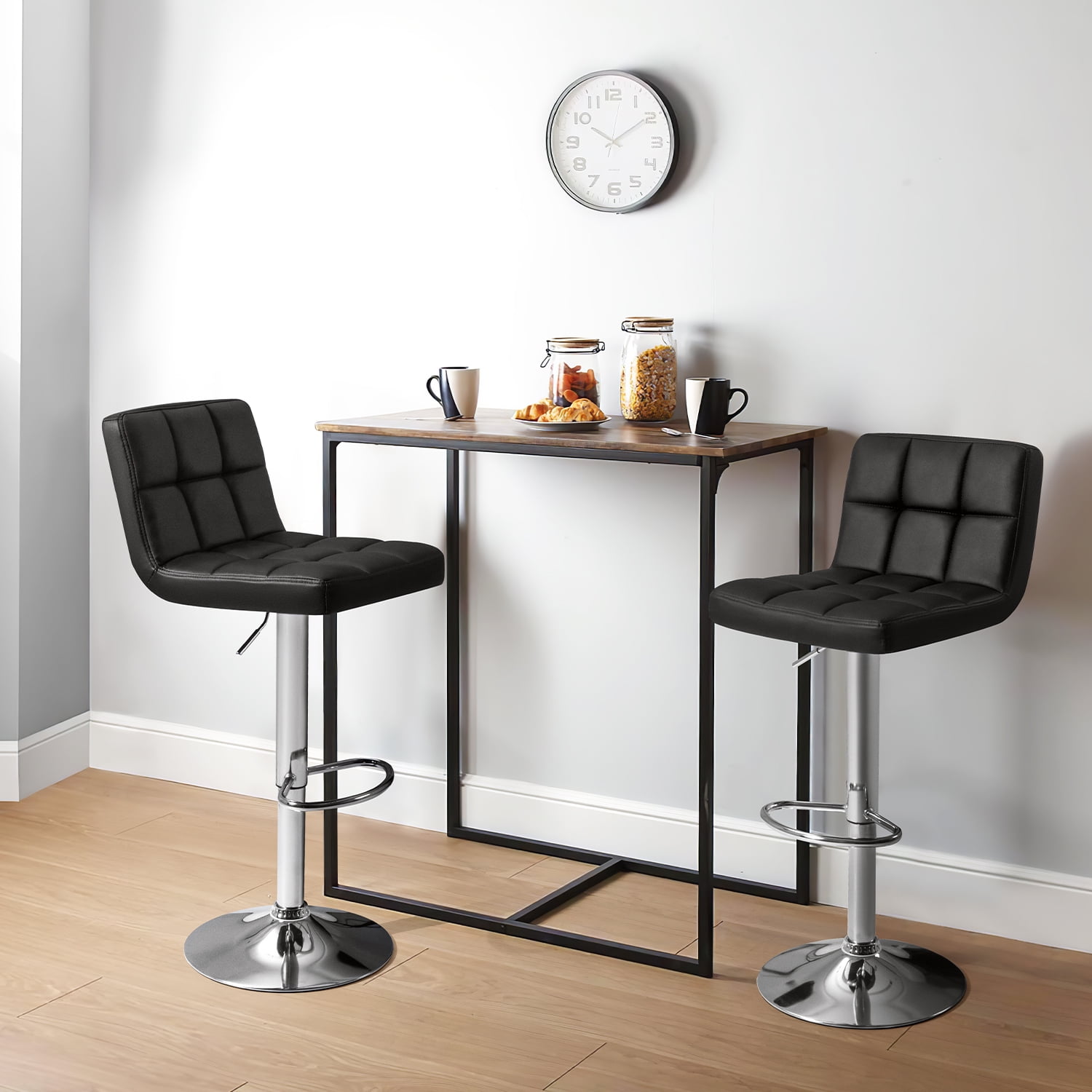 Vineego Modern Square PU Leather Swivel Adjustable Bar Stool, Set of 2, Bar Stool for Kitchen Counter,Black