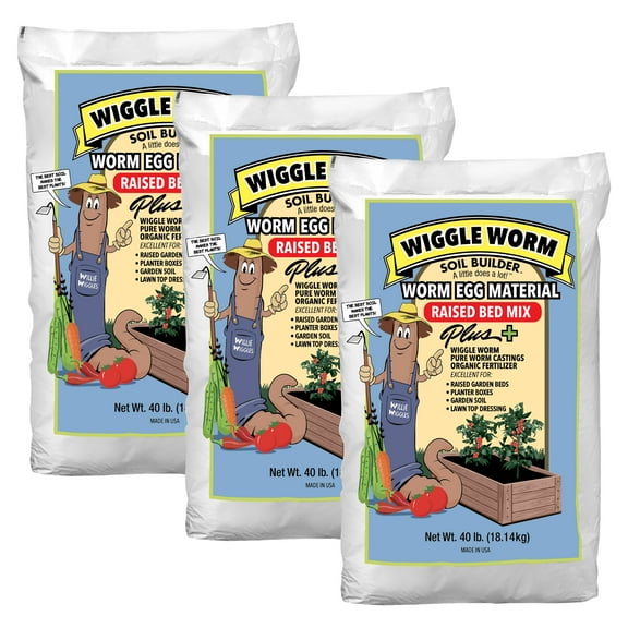 Wiggle Worm Raised Bed Mix, 40lbs - Organic Soil and Fertilizer for Container Gardening - Worm Egg Material Mixed with Odor Free Pure Worm Castings, Pack of 3