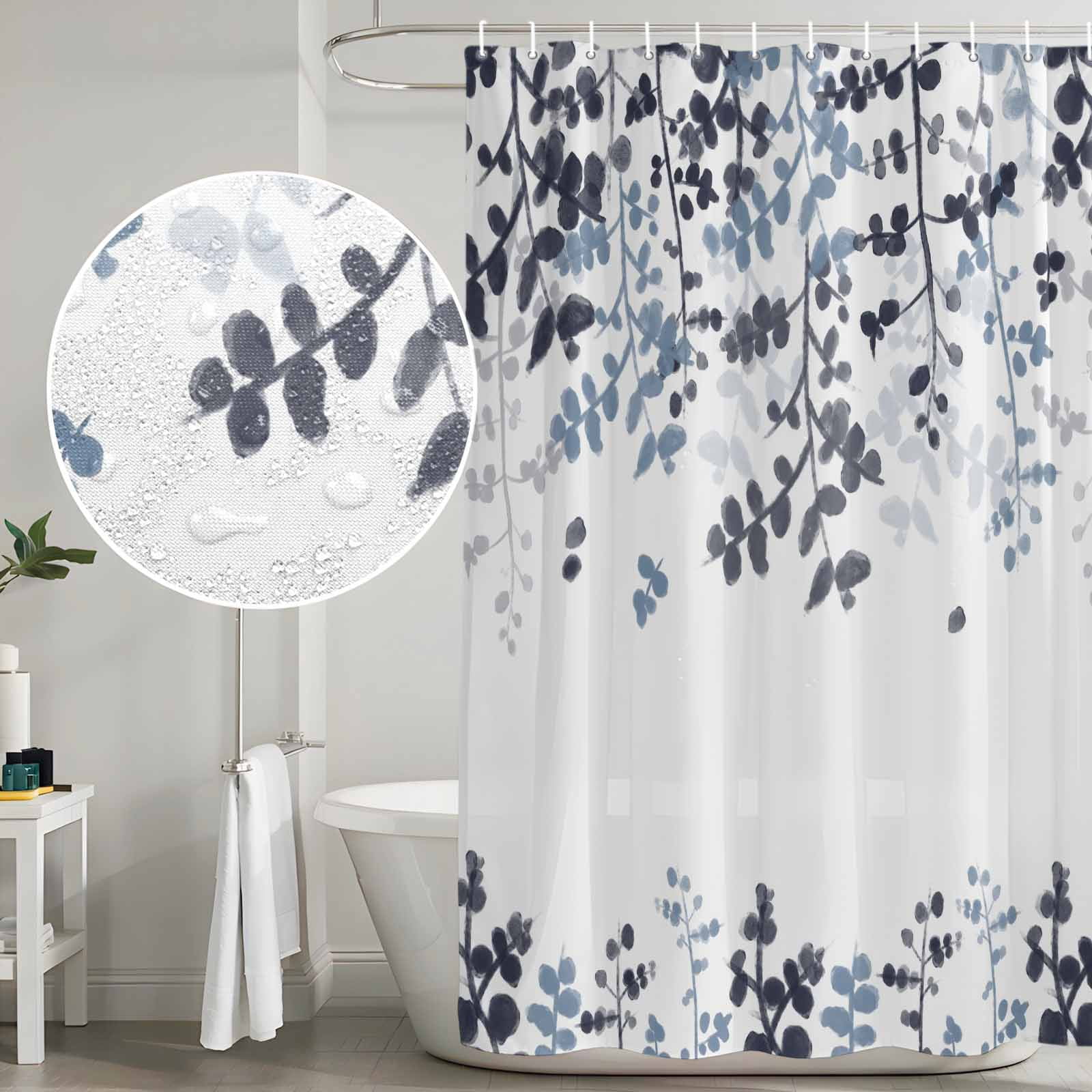 Navy Blue Leaves Shower Curtain, Waterproof Shower Curtains for Bathroom, Summer Botanical Washable Fabric Bathtub Curtain Set Bath Decor with 12 Hooks 48"x72"