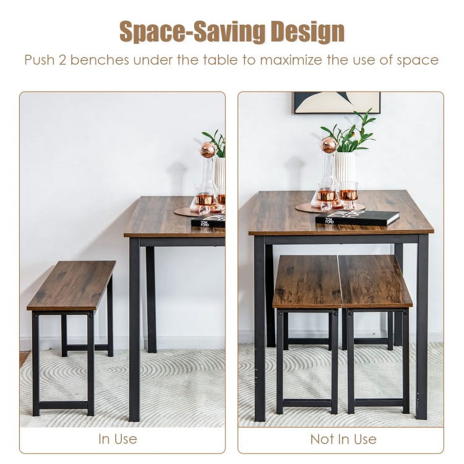Finihen Dining Set, Dining Table Set, 3 Pieces Dining Table Set with 2 Benches for Dining Room Kitchen Bar, Brown Finihen Dining Set, Dining Table Set, 3 Pieces Dining Table Set with 2 Benches for Dining Room Kitchen Bar, Brown
