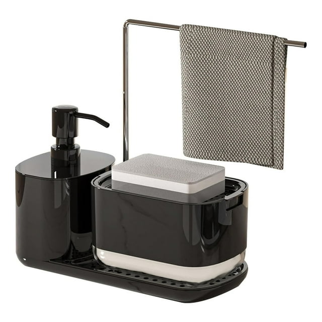 Juego de dispensador de jabón para manos y platos con bandeja, dispensador de jabón doble con soporte para esponja y paño de cocina