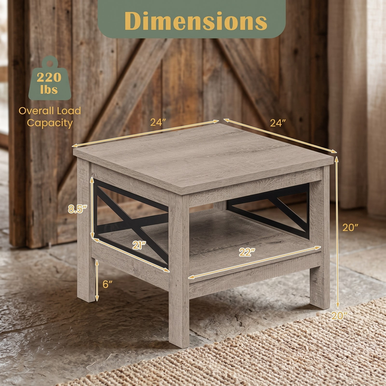 Furnibear 2-Tier Square Side End Table with Storage Shelf and X-Frame, Farmhouse Wood Accent Nightstand Sofa Table for Living Room Bedroom, 220 lbs Capacity, Rustic Oak