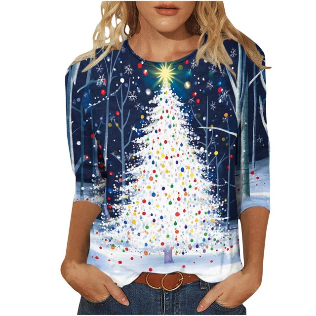 Lcziwo T Shirts for Women 3/4 Sleeve Round Neck Christmas Holiday Tops Funny Giltter Tree Print Loose Blouses 2025 Fal Fashion Casual Tees Multicolor,XXXL