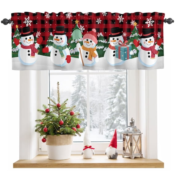 Red Plaid Cute Snowman Snowflake Window Valances for Kitchen, Rod Pocket Valances Windows Treatments Curtains for Living Room Bathroom Bedroom Decoration 42" x 12"