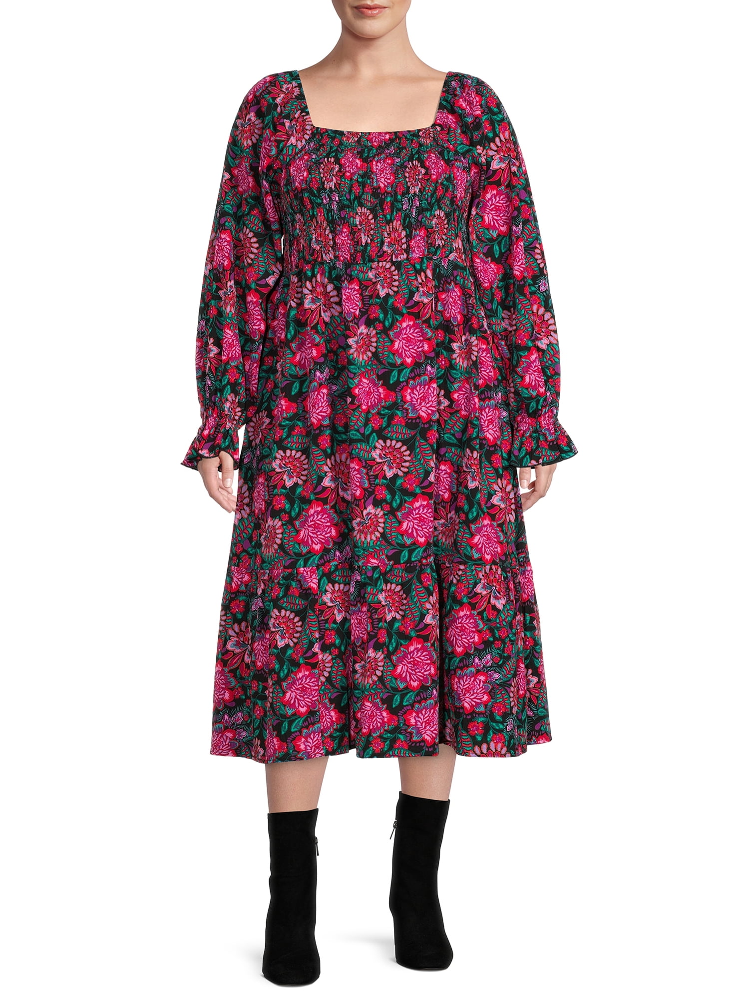 Terra & Sky Women's Plus Size Square Neck Peasant Dress