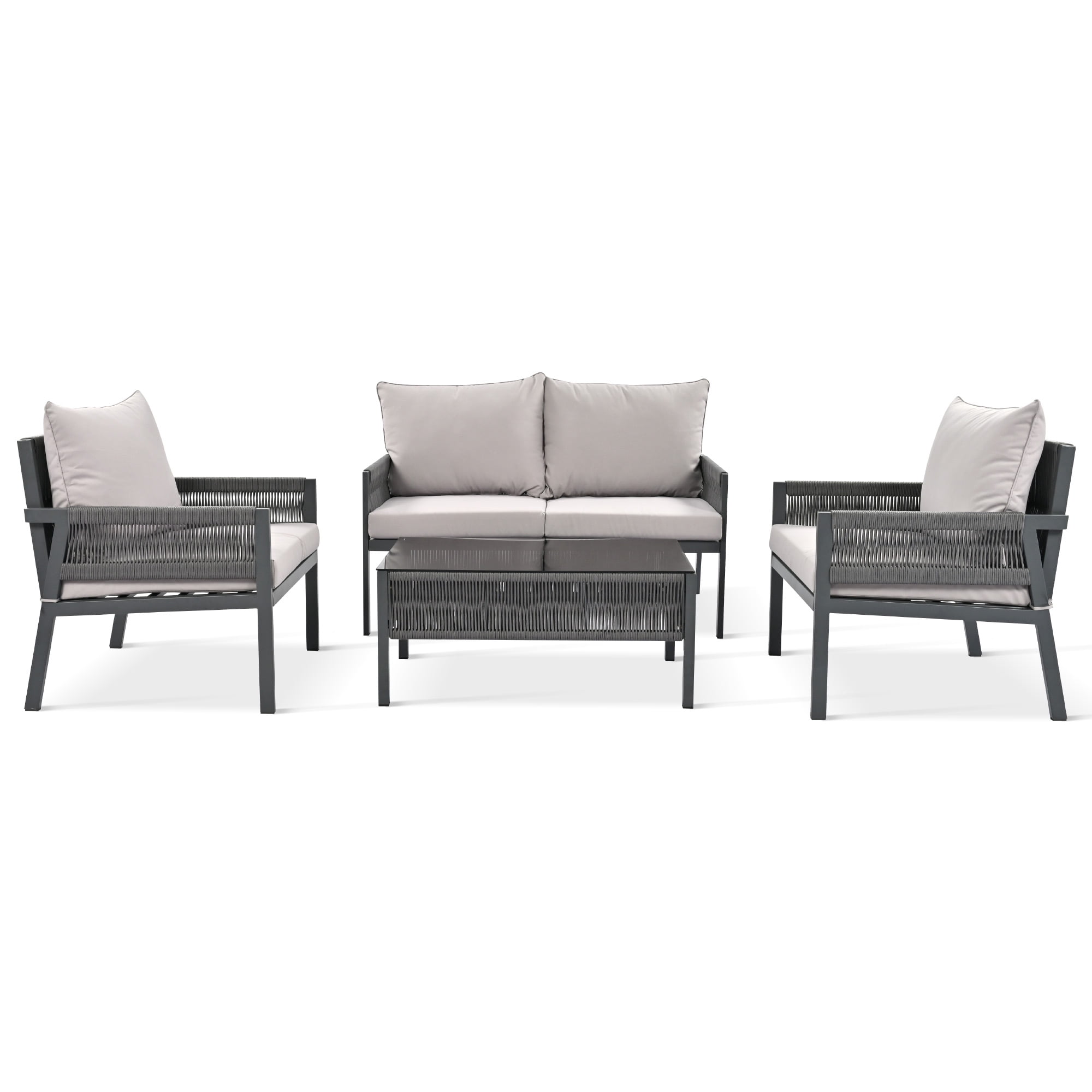 Aimee Lii 4-Pieces Patio Furniture Set, Patio Conversation Set with Tempered Glass Table and Thick Cushion, Outdoor Furniture for Backyard Porch Balcony, Gray