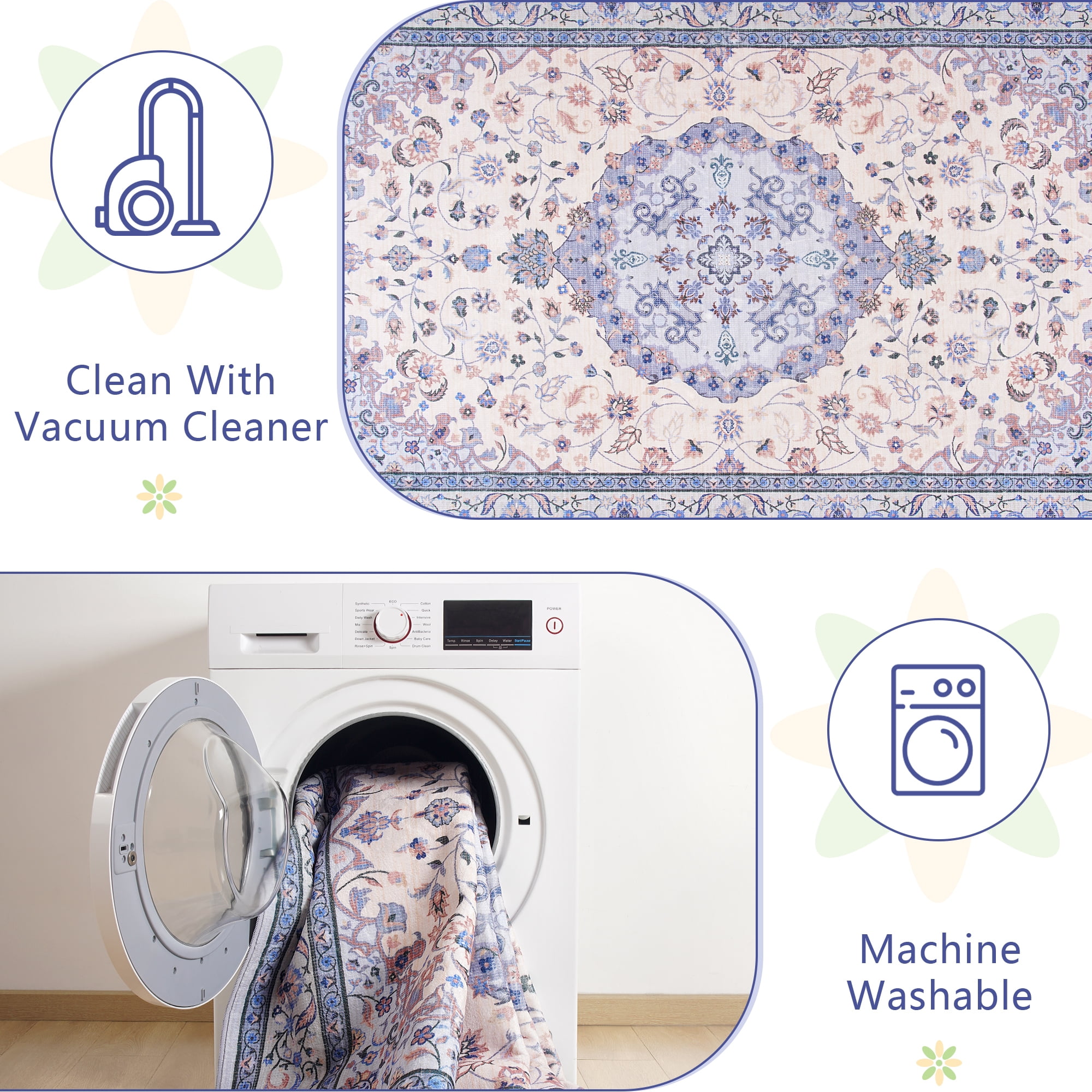 Jamfeel Area Rugs Vintage Floral Printed Washable Non-slip Carpets Foldable Thin Low Pile Rug for Living Room Bedroom 8'x10' Blue
