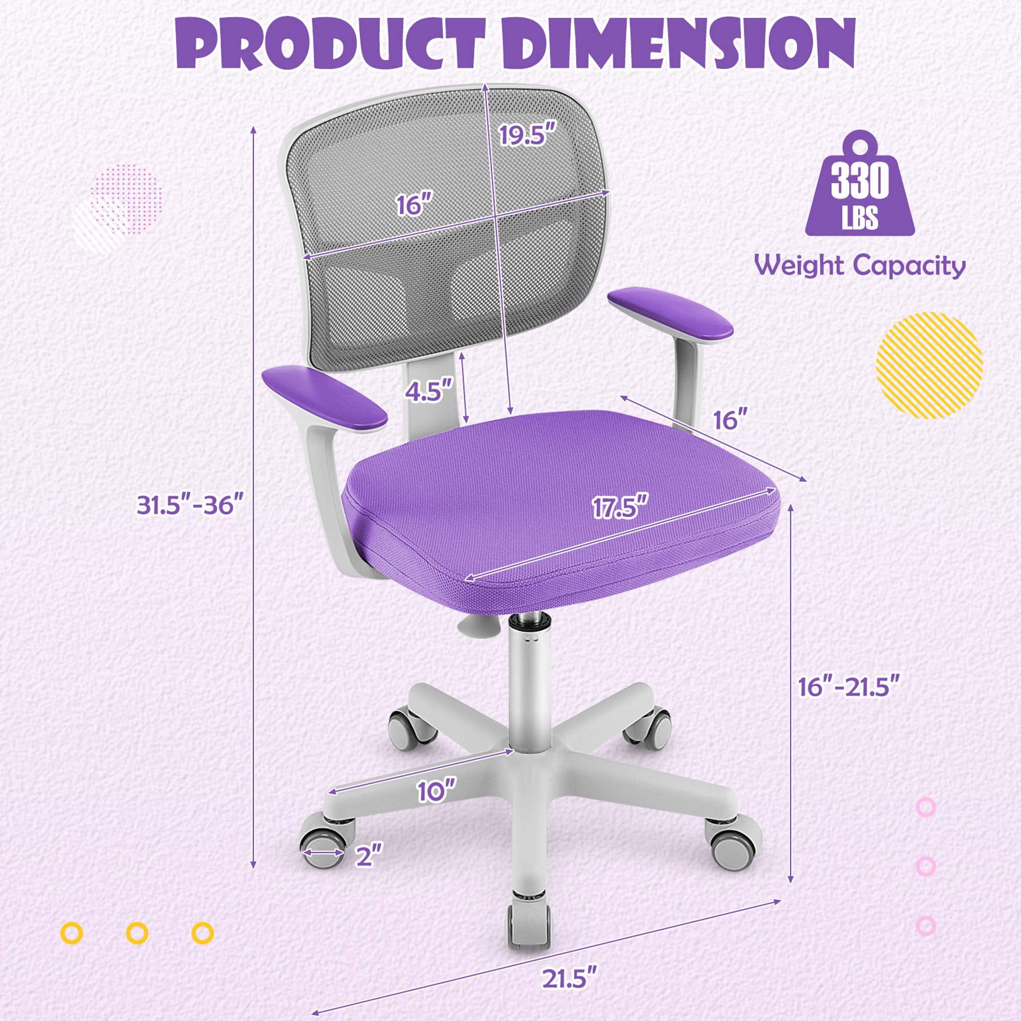 Costway Kids Mesh Armrests Height Adjustable 360-Degree Desk Chairs, Swive Purple