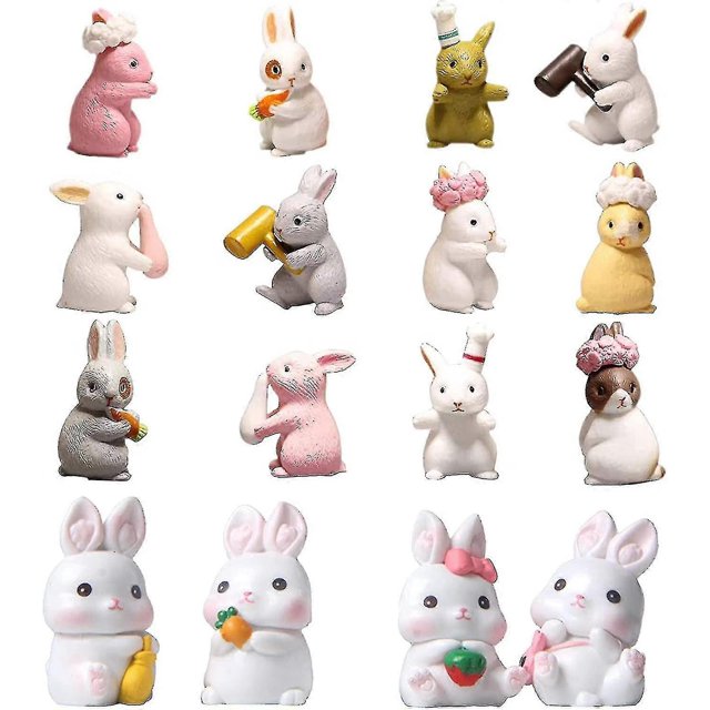 Rabbit Figures 16 Pcs Lovely Bunny Figurines Playset Rabbit Character Set Cake Topper Decoration Miniature Garden Animal Decoration Gift For Kid