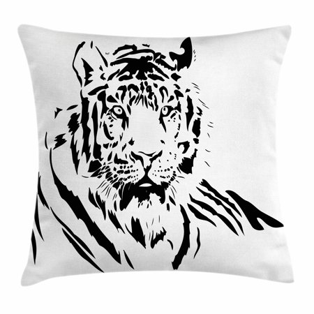 Tiger Throw Pillow Cushion Cover, Black Stripes of a Large Hunter Cat Nature Scenes Beautiful Sublime Beast Digital Artwork, Decorative Square Accent Pillow Case, 16 X 16 Inches, Black, by