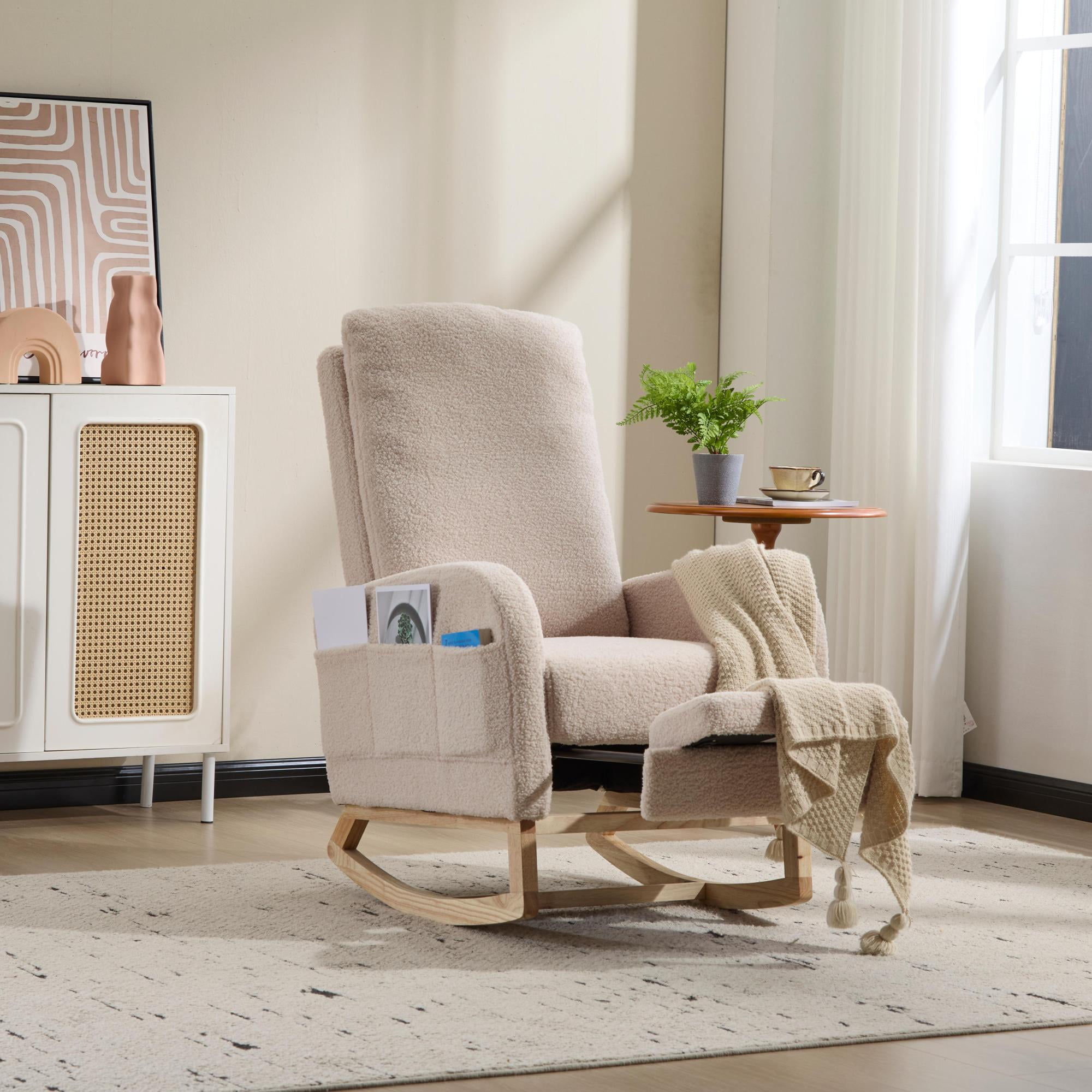 Rocking Chair, Nursery Glider, Accent Chair&nbsp;Modern Upholstered Design With Convenient Side Pocket, High Lumbar Support Backrest, Solid Wood And Plywood Frame, Teddy Fabric In Beige