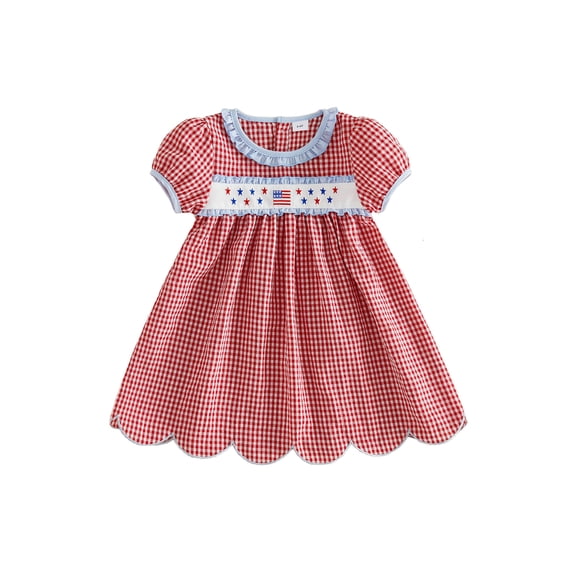 BemeyourBBs Kids Toddler Baby Girl 4th of July Dress Fourth of July Outfit Baby Girl Patriot Independent Day Dress Short Sleeve Plaid Stars American Flag Embroidery Scalloped Summer Dress