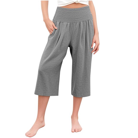 DeHolifer Girls Capris Pants Casual Elastic High Waist Solid Color Loose Wide Leg Trousers Cropped Pants,6 Years