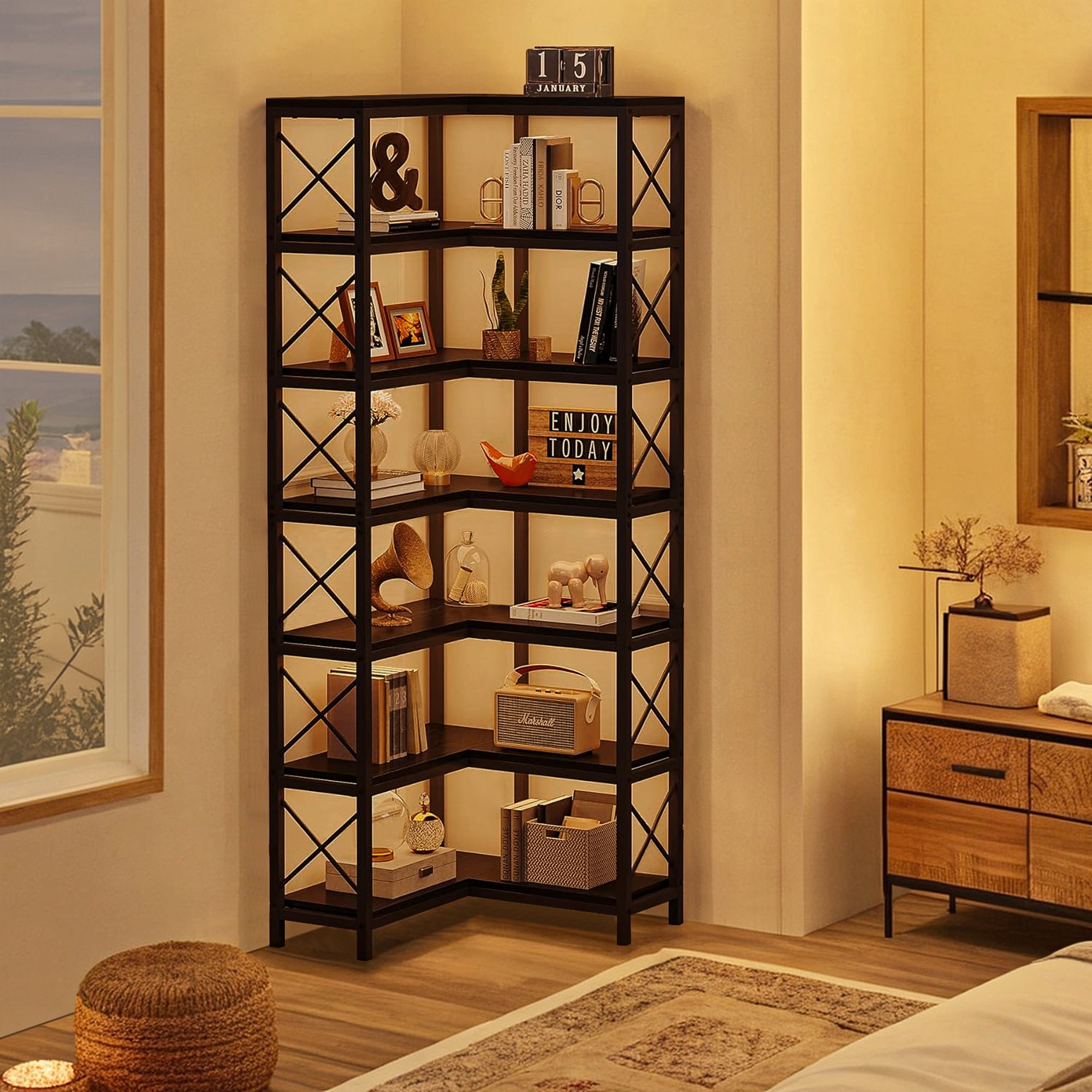 Demi Bonn 7 Tier Corner Bookshelf, Bookshelves, Open Etagere Bookcase Shelf Storage Organizer, Storage Shelving Unit for Bedroom, Living Room and Home Office, Black