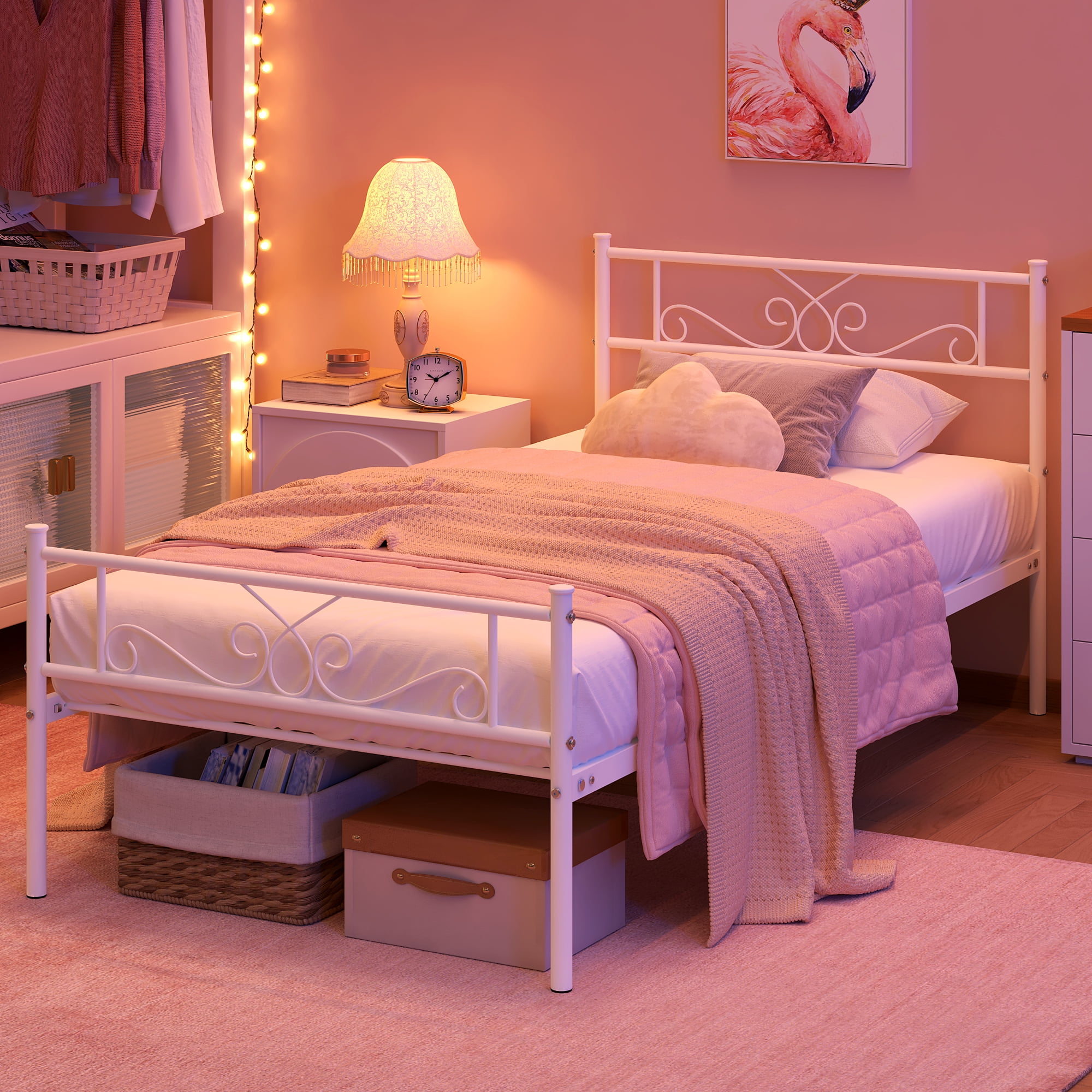 Garmic Twin Metal Bed Frame with Scroll Design Headboard and Footboard for Teens Boys Girls, White