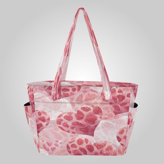 Quilted Tote Bag Large Capacity Multi-Compartment Handbag Lightweight Structured Shoulder Bag Versatile Casual Bag Valentine Leopard Heart Pattern