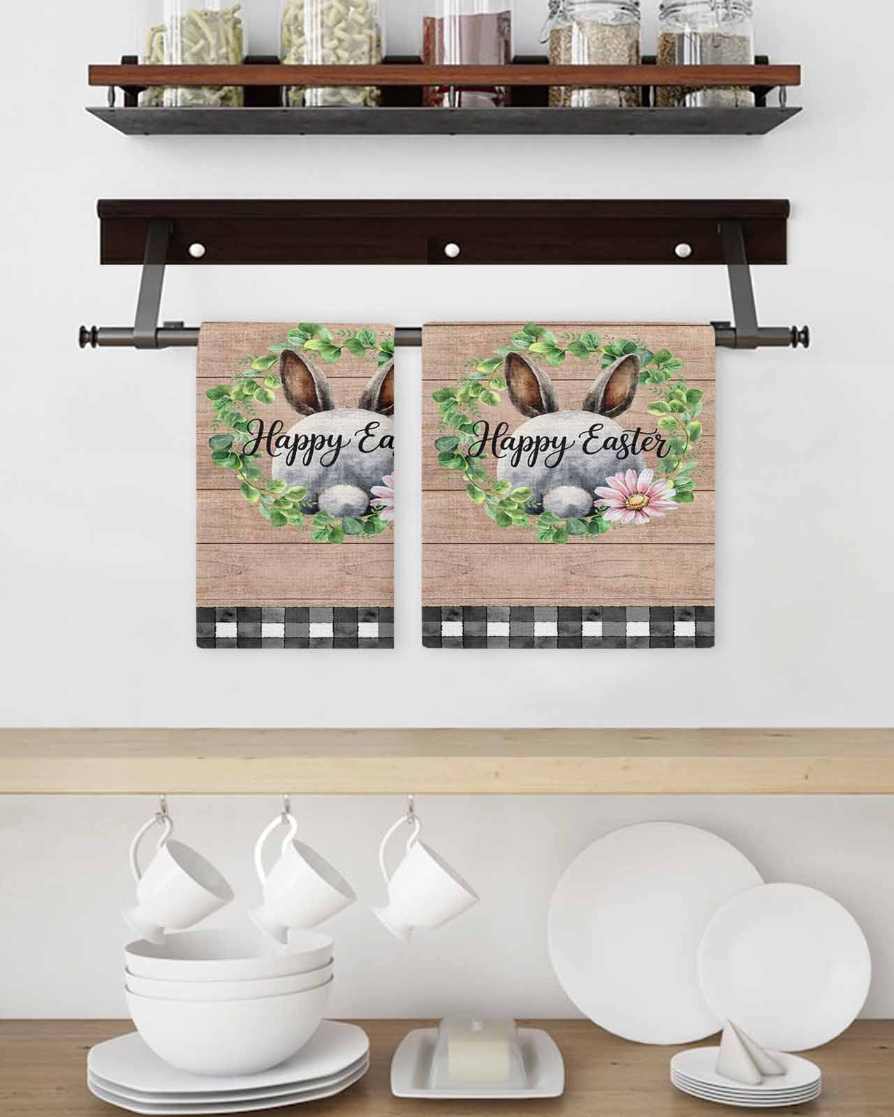 Grey Easter Kitchen Dish Towels for Drying Dishes Set of 3, Spring Watercolor Bunny Flower Leaf Wood Grain Waffle Weave Microfiber Hand Tea Bathroom Towels Quick Dry & Absorbent Towel 15.7x23.6