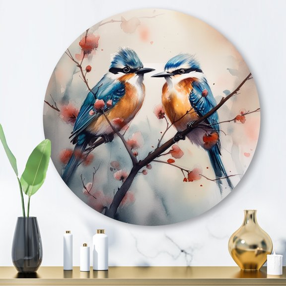 Designart "Blue Birds on Tree Branch II" Animals Bird Floral Metal Round Wall Art
