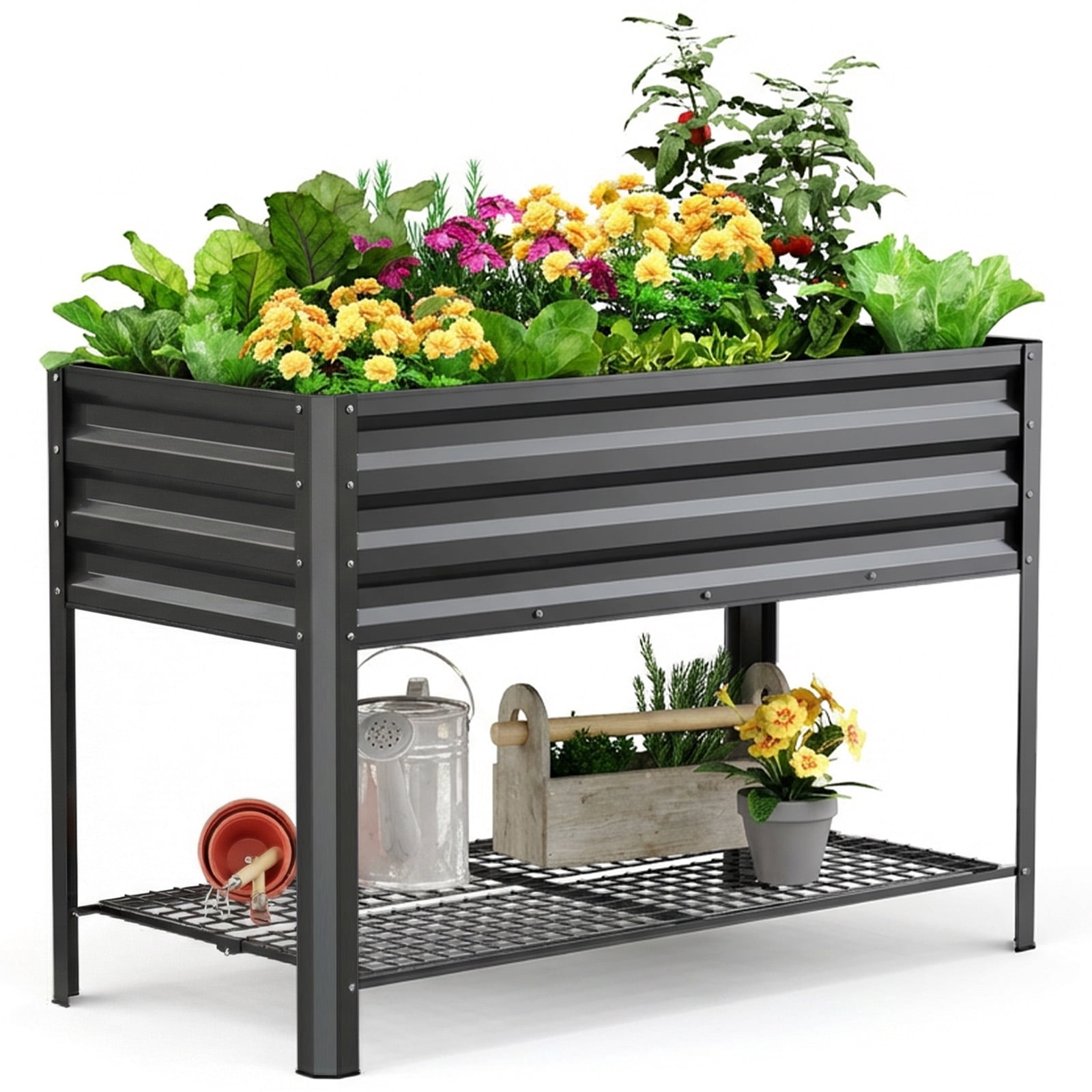King Bird Galvanized Steel Raised Garden Bed Kit with Storage Shelf 47.2"x22.8"x31.5" Metal Planter Box, Elevated Garden Bed with Drainage Holes Outdoor for Vegetables Flowers Dark Gray
