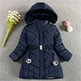 thumbnail image 3 of QUYUON Kids Winter Down Coat with Hood Girls' Quilted Lightweight Jackets Hooded Long Sleeve Fleece Lined Warm Puffer Jacket Padded Coats Outerwear Navy 12T, 3 of 7