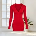 thumbnail image 5 of IUYRTFE Women's Solid Color V-Neck Long Sleeve Dress Slim Fit Stretch Casual Party Midi Dress, 5 of 5