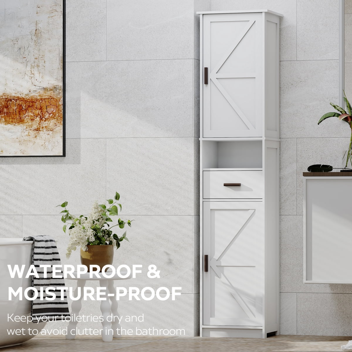 69" H Tall Bathroom Storage Cabinet with 2 Barn Doors and 1 Drawer, Narrow Storage Unit with Adjustable Shelves, Floor Cabinet for Bathroom Living Room Entryway, White