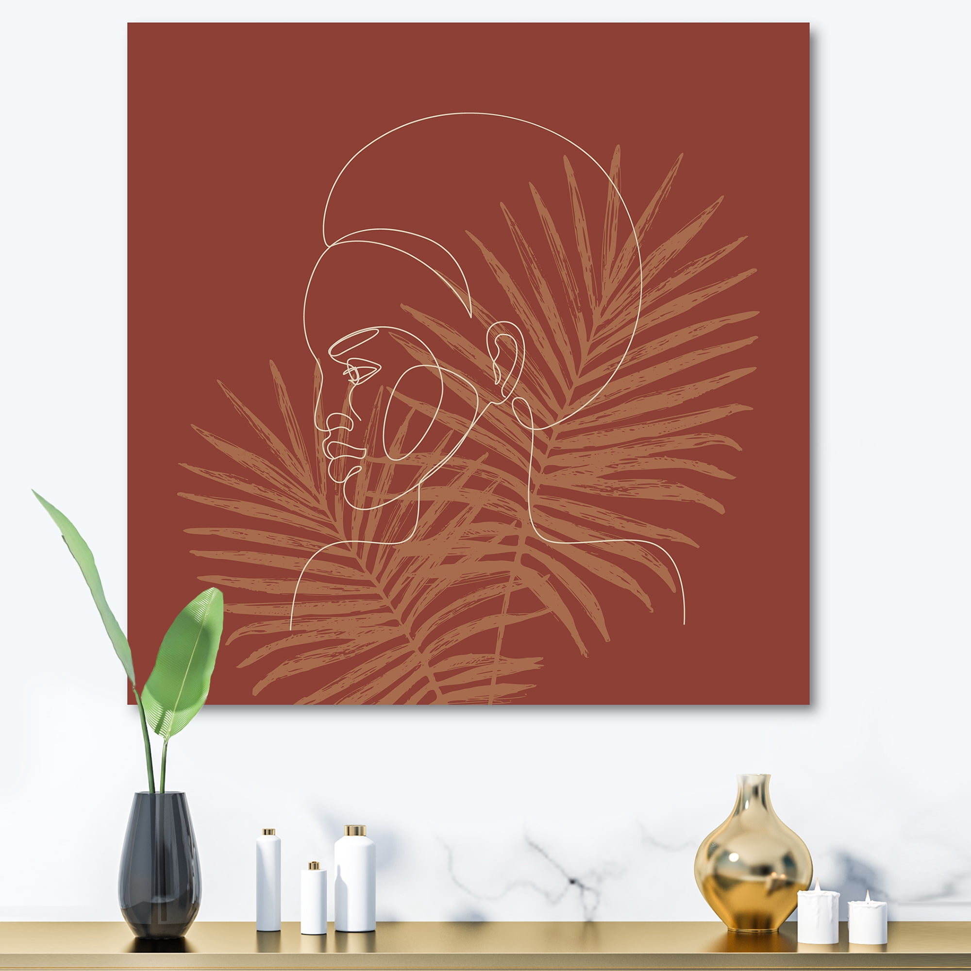 Silhouette of Afro American Woman on Palm Leaves 16 in x 16 in Painting Canvas Art Print, by Designart