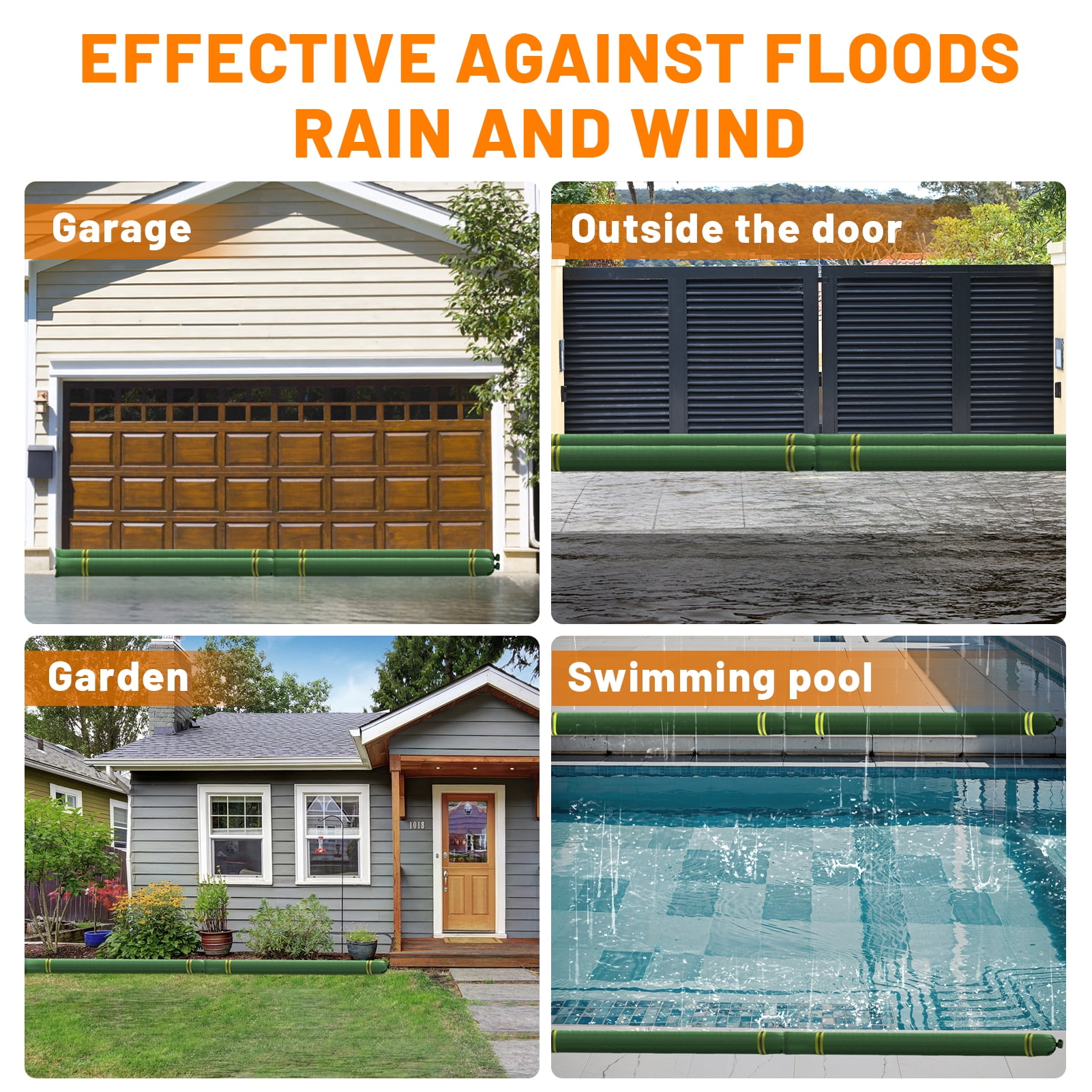 cyrico 4 Pack Long Sand Bags for Flooding, Thickened Reusable Canvas Flood Protection Sandbags with Elastic Band & Reflective Stripes, Tube Water Barriers for Door, Garage, Windows, 4Ft x 8In