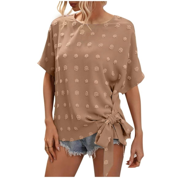 Dealovy Tops for Women Dressy Casual Short Sleeve Crewneck T Shirts Lightweight Solid Color Cute Blouses