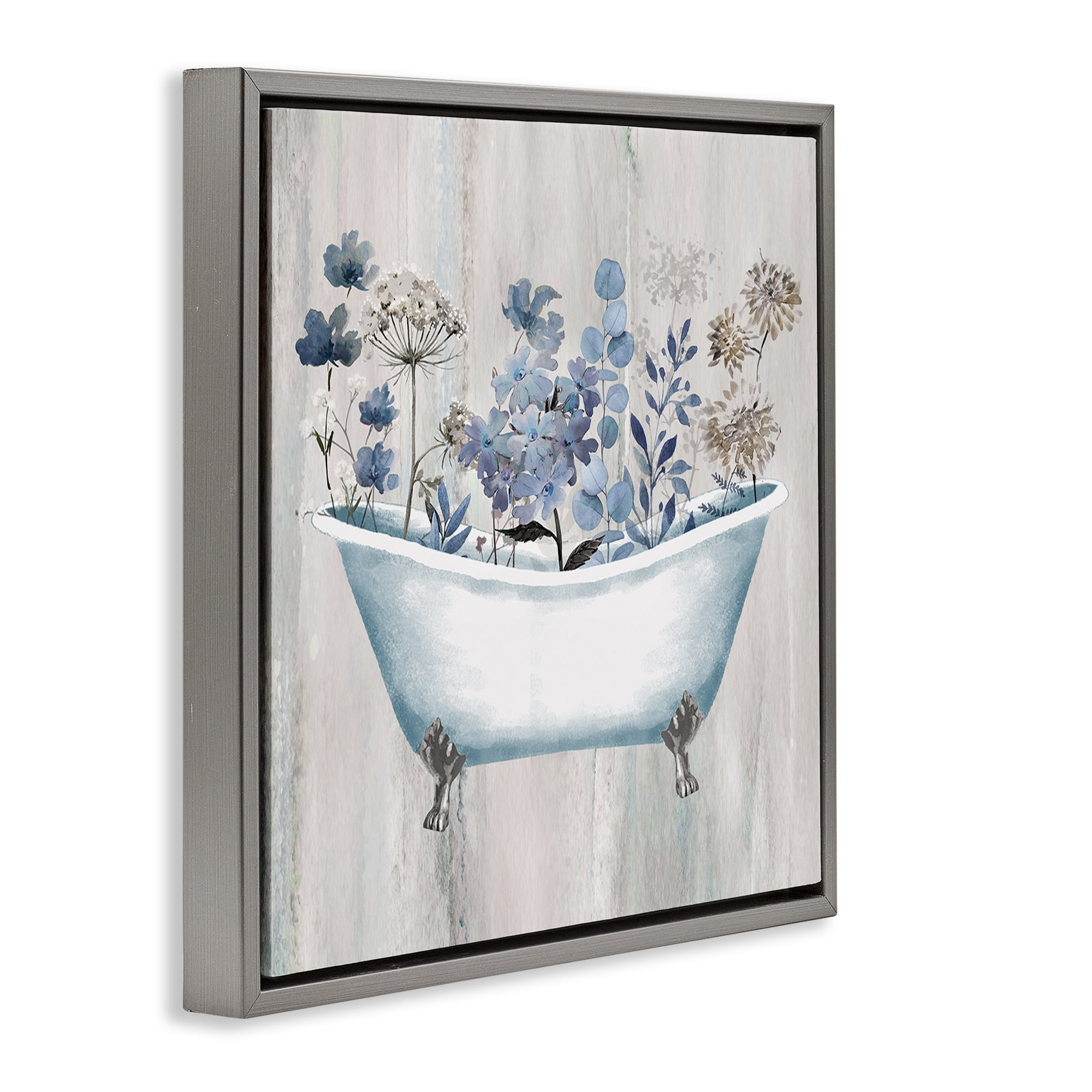 Stupell Industries Rustic Blue Floral Tub Bath & Laundry Painting Gray Floater Framed Canvas Art Print Wall Art, 25 x 25