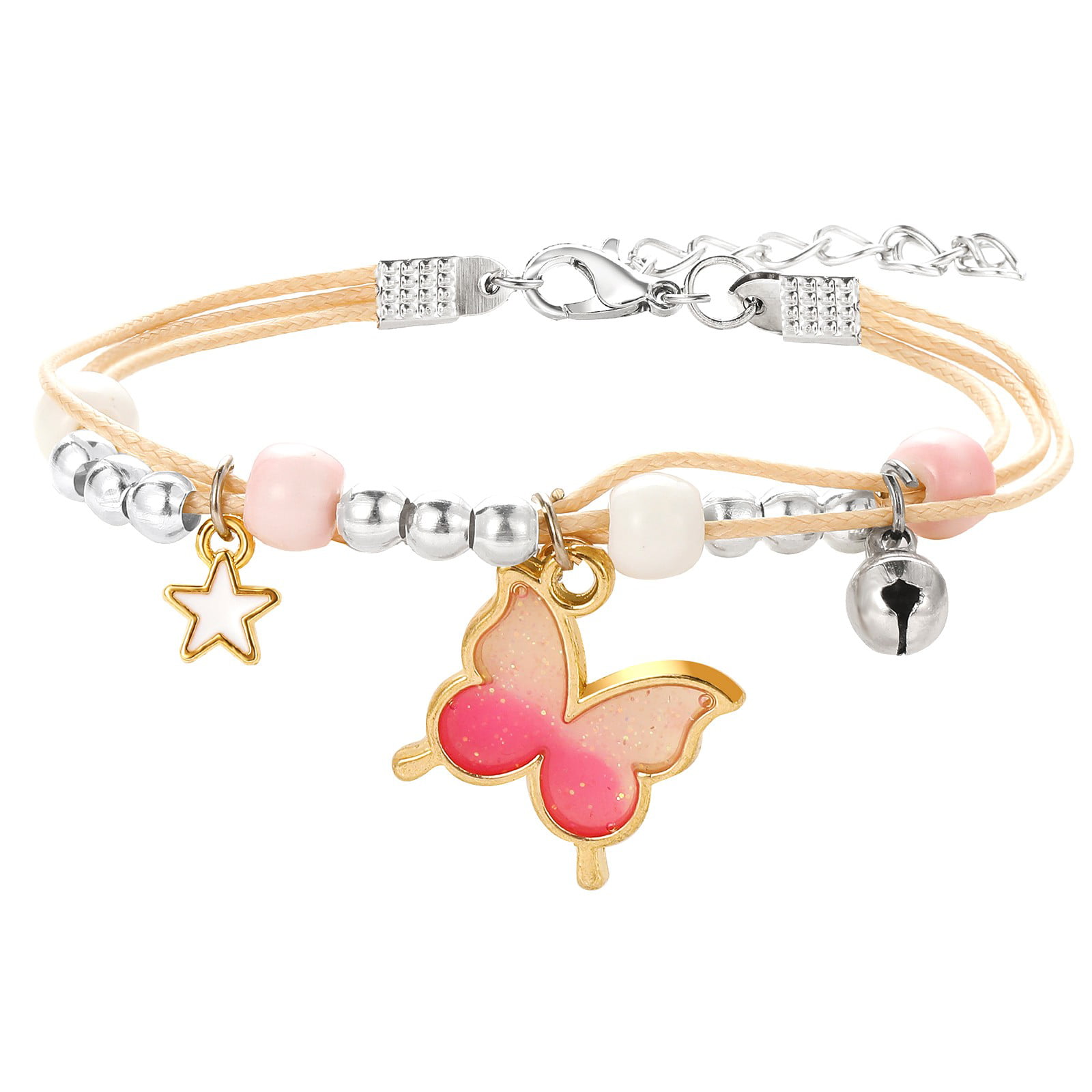 Butterflies and Fairies Childrens Cream Leather Charm Bracelet with Gift Box