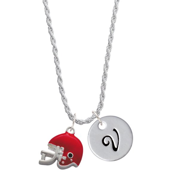 Delight Jewelry Silvertone Small Red Football Helmet Silvertone Script Initial Disc - V - Charm Necklace, 20" 3"