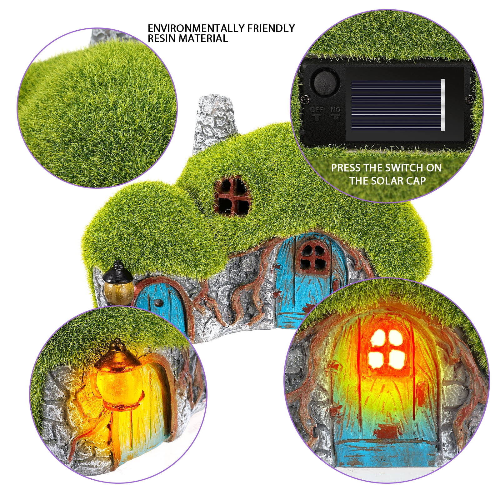 Garden House Statue 7.7" - Fairy Garden House Statue with Solar Lights Garden Cottage Lighting Figurines for Patio Yard Decor,6.8"D x 3.9"W x 4.5"H
