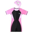 thumbnail image 4 of DPOIS Junior Girls 2pcs Swimming Suit Short Sleeves Front Zipper Jumpsuit with Cap Set, 4 of 5