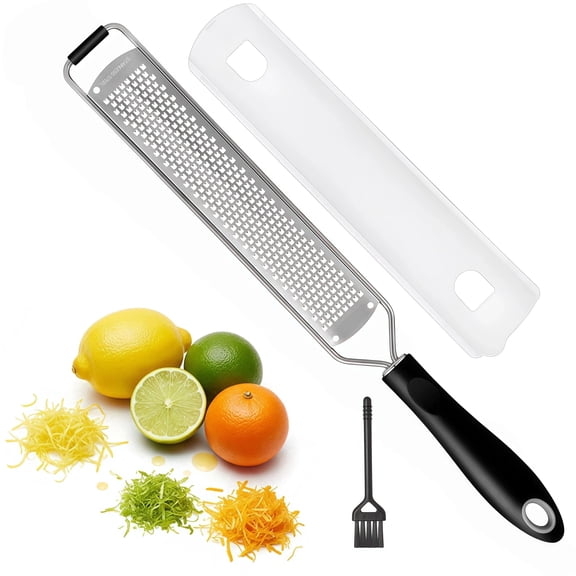 Gimgong Stainless Steel Lemon Zester Grater with Handle - Garlic, Cheese, Parmesan, Nutmeg, Lime, Ginger Grater - Heavy Duty Kitchen Tool - Citrus Zester with Blade Cover - Fine Shred - Black