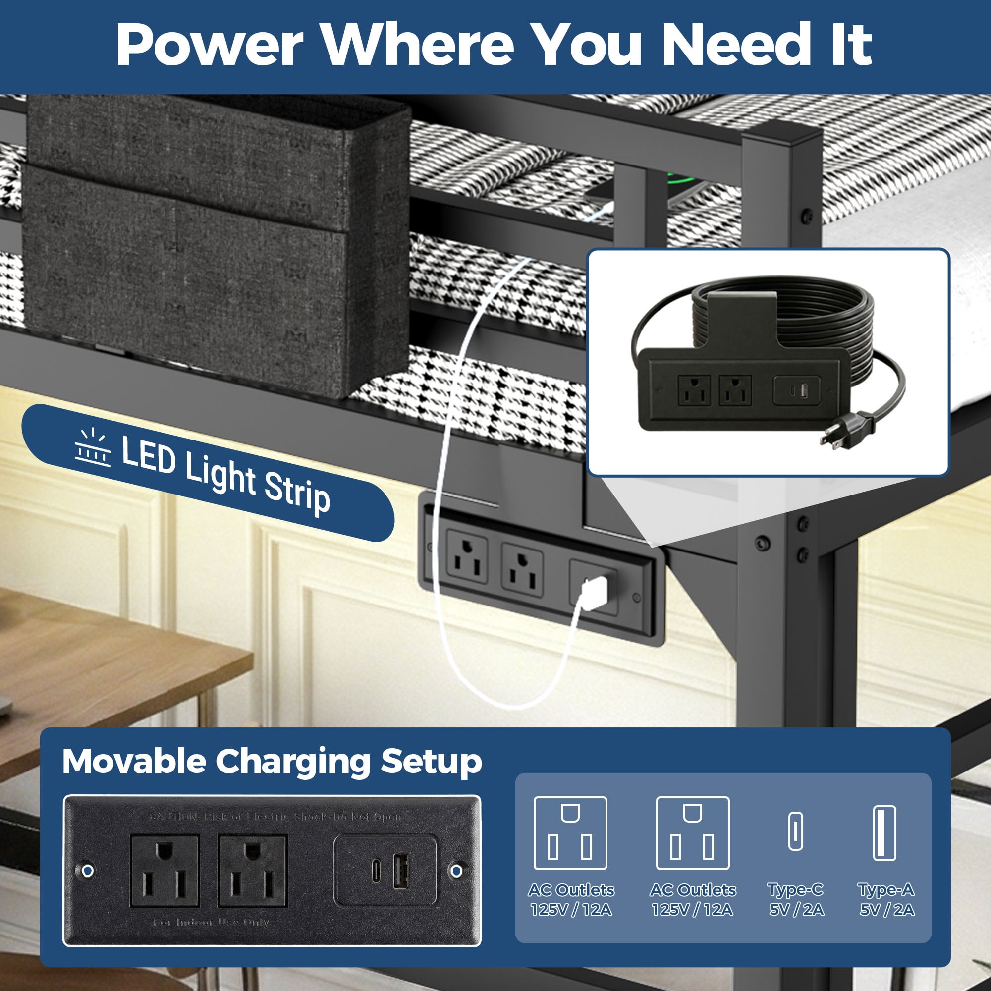 Miniyam Twin XL Metal Loft Bed with LED and Charging Station for Dorms and Apartments, Black