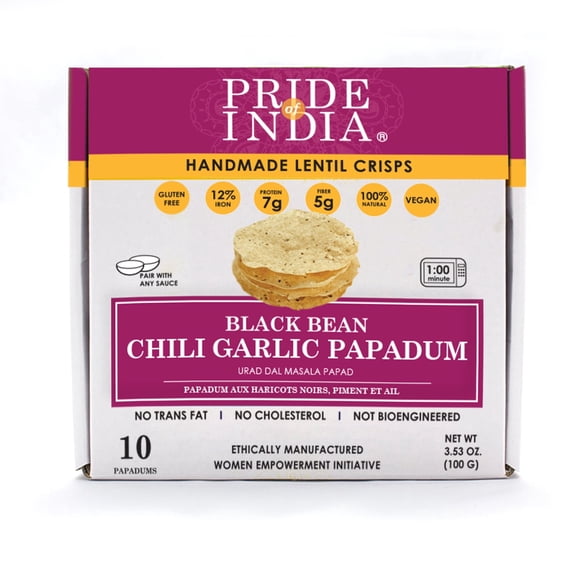 Pride of India Chili Garlic Papadum, 10 Count (3.53oz - 100g) | Indian Lentil Crisps (Papad) | Gluten-Free, Vegan, Healthy Snacks | Easy to Cook, Light & Crunchy in Seconds