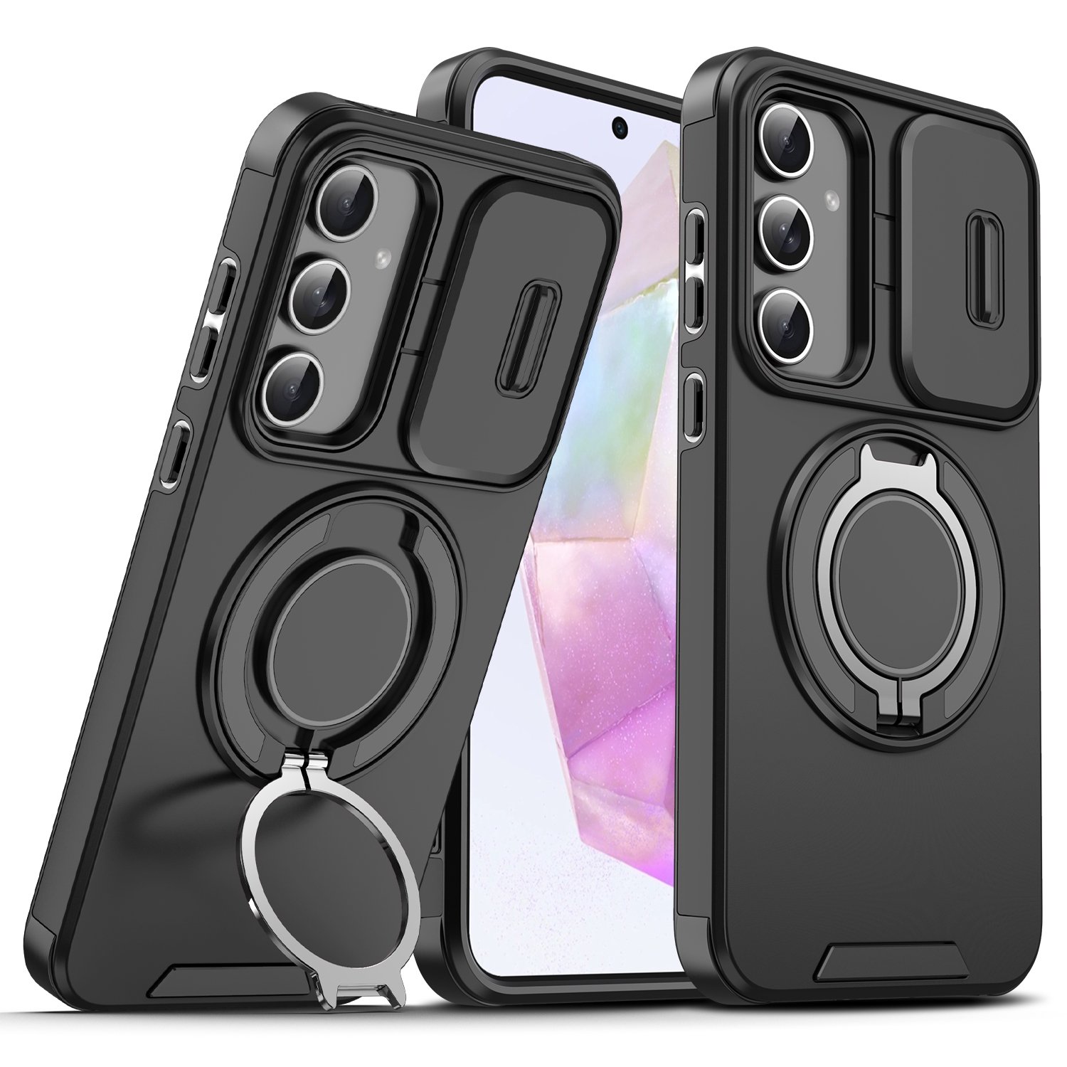 Moreoy Magnetic Kickstand Case for Samsung Galaxy A35/A55 5G with Sliding Lens Cover Protection, Shockproof Dual-layer Protective Phone Case Cover with Rotating Stand Ring Grip Holder,Black
