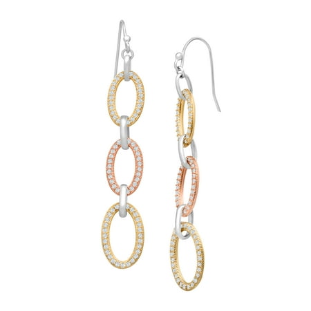 Triple Oval Drop Earrings with Cubic Zirconia in 18kt Two-Tone Gold-Plated Sterling Silver