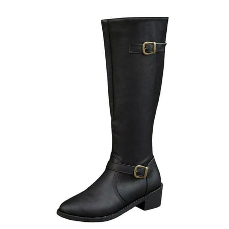 

Ladies British Style Leather Belt Buckle Decorative Side Zipper Dashion Long Tube Knee Boots