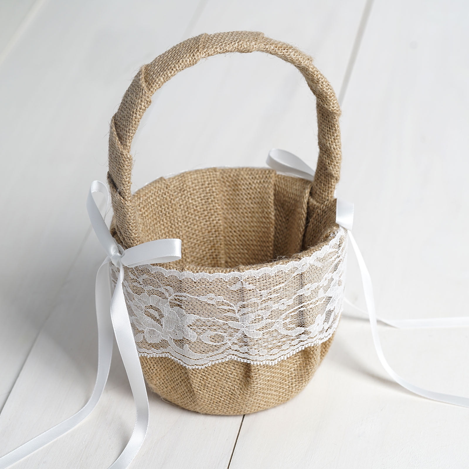 BalsaCircle Natural Satin Ribbon Lace Accent Burlap Flower Girl Basket Wedding Decorations Accessories