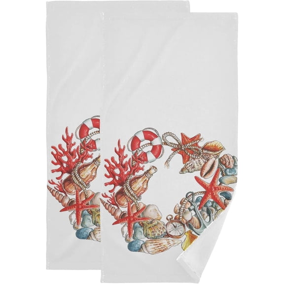 Seashells Anchor Life Buoy Hand Towels 2 PCS, Marine Nautical Themed Kitchen Towel Ultra Soft and Highly Absorbent,Decorative Fingertip Face Towel for Bathroom Hotel, 28.3"x14.4"