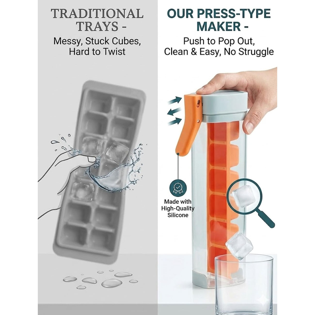 One Glass Ice Maker, Press Ice Tray Mold, Pop Out Cubes Without, Space-Saving Design and Easy Maintenance, Producing 6 Square Ice Cubes Per Tray, Ice Cube Tray Cup for Maker Ice Drink